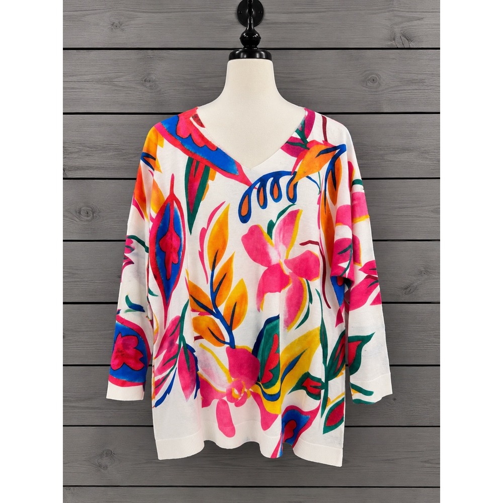 Ali Miles Sweater XL White Vibrant Artsy Floral V-Neck 3/4 Sleeve Knit Top